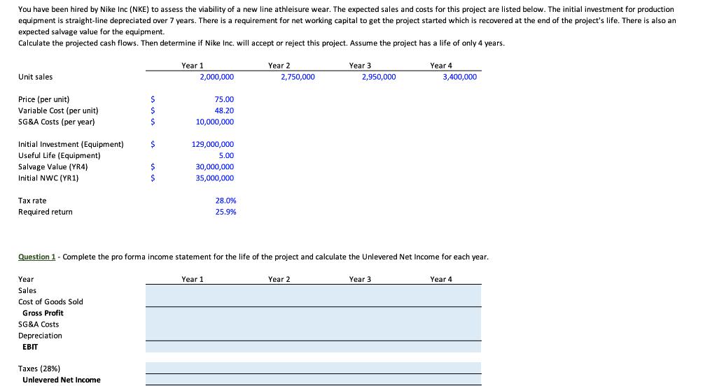 You have been hired by Nike Inc (NKE) to assess the viability of a new line athleisure wear. The expected sales and costs for