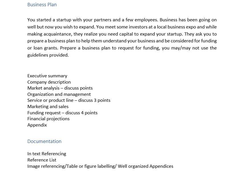 Business Plan You started a startup with your partners and a few employees. Business has been going on well