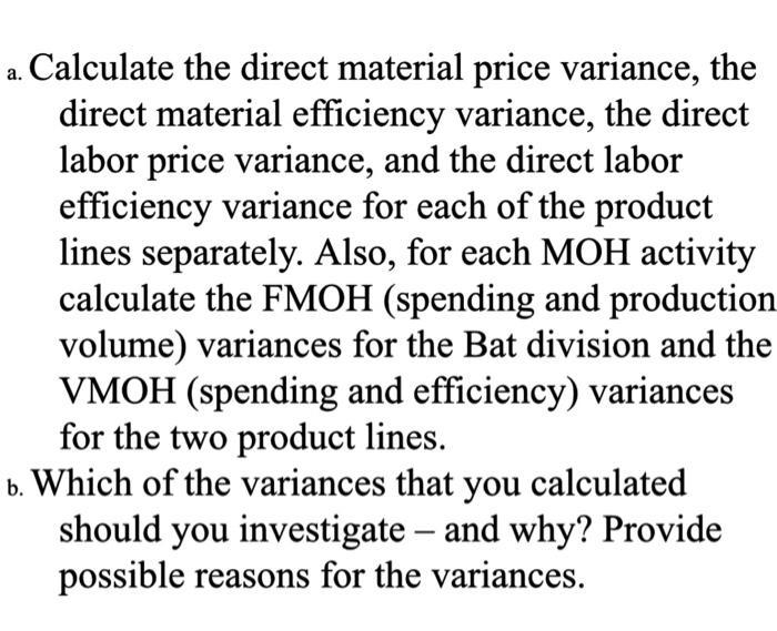 a. Calculate the direct material price variance, the direct material efficiency variance, the direct labor