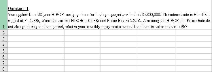 You applied for a 28 -year ( mathrm{HIBOR} ) mortgage loan for buying a property valued at ( $ 5,800,000 ). The interes