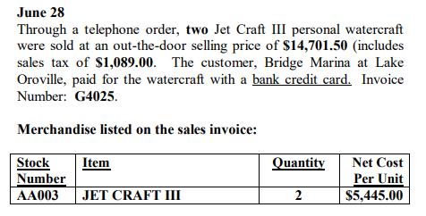June 28Through a telephone order, two Jet Craft III personal watercraftwere sold at an out-the-door selling price of $14,70