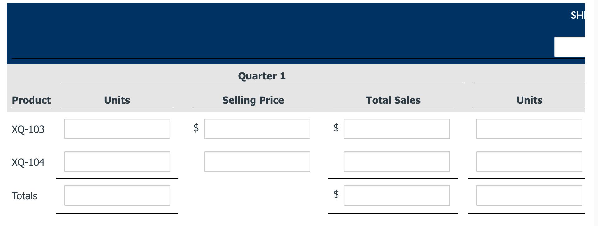 SHIQuarter 1ProductUnitsSelling PriceTotal SalesUnitsXQ-103$$XQ-104Totals$