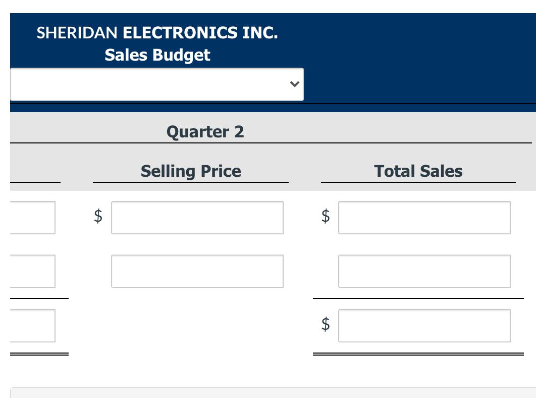SHERIDAN ELECTRONICS INC.Sales BudgetQuarter 2Selling PriceTotal Sales$ta$ta$