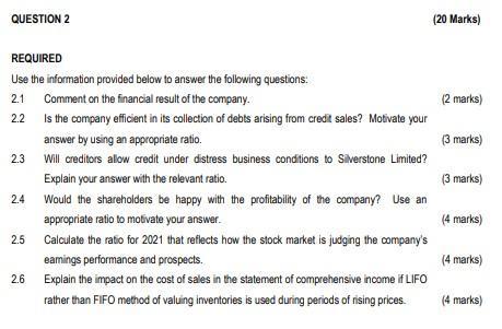 Use the information provided below to answer the following questions: 2.1 Comment on the financial result of the company. (2