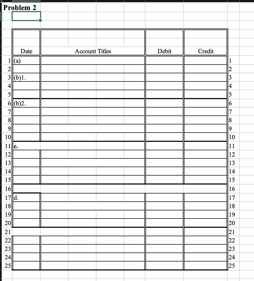 Problem 2DateAccount TitlesDebitCredit11(a)23||(6)1.2341451656||(6)2.7891017891011||c.121311121