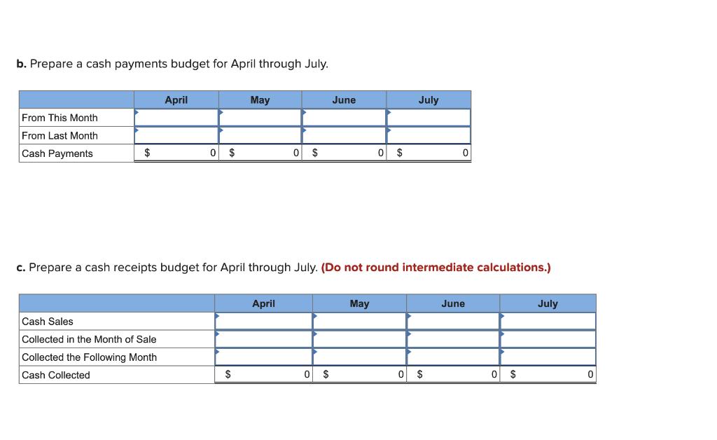 b. Prepare a cash payments budget for April through July.AprilMayJuneJulyFrom This MonthFrom Last MonthCash Payments$