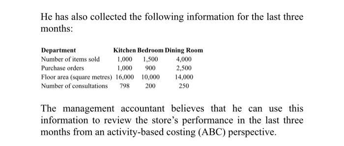 He has also collected the following information for the last three months: Department Kitchen Bedroom Dining Room Number of i