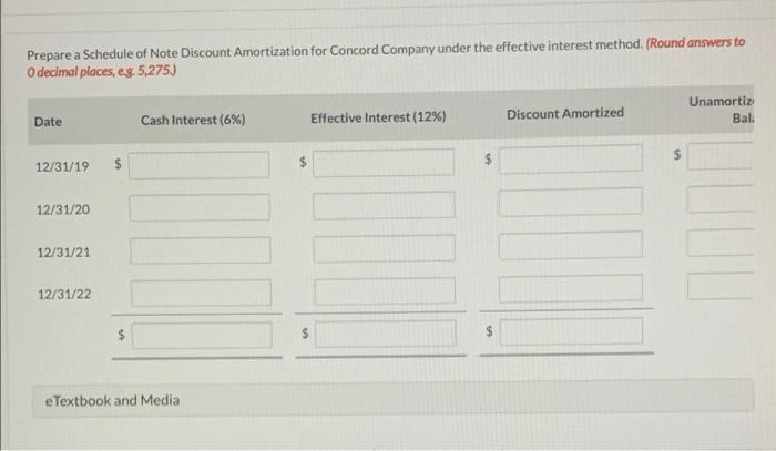Prepare a Schedule of Note Discount Amortization for Concord Company under the effective interest method. (Round answers toO