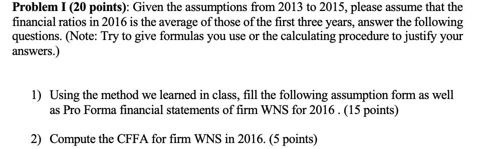 Problem I (20 points): Given the assumptions from 2013 to 2015, please assume that the financial ratios in 2016 is the averag