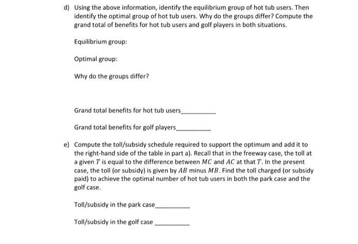 d) Using the above information, identify the equilibrium group of hot tub users. Then identify the optimal group of hot tub u