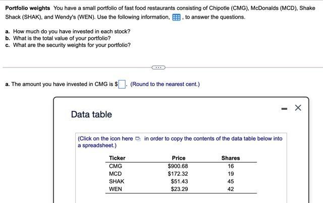 Portfolio weights You have a small portfolio of fast food restaurants consisting of Chipotle (CMG), McDonalds (MCD), Shake Sh