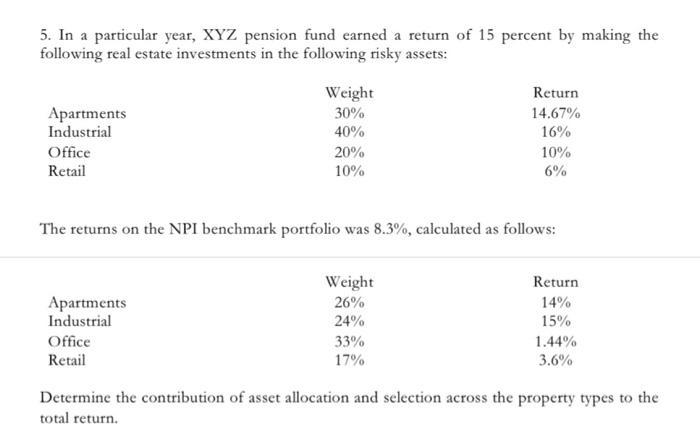 5. In a particular year, XYZ pension fund earned a return of 15 percent by making the following real estate investments in th