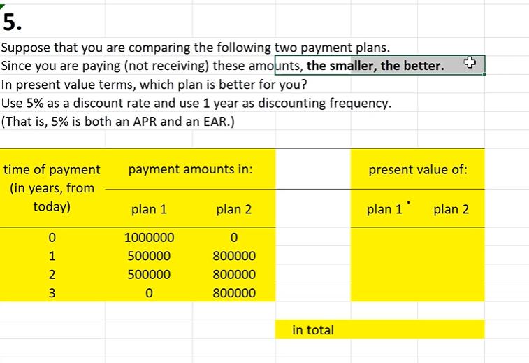 5. Suppose that you are comparing the following two payment plans. Since you are paying (not receiving) these amounts, the sm
