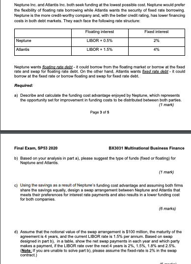 Neptune Inc. and Atlantis Inc. both seek funding at the lowest possible cost. Neptune would prefer the flexibility of floatin