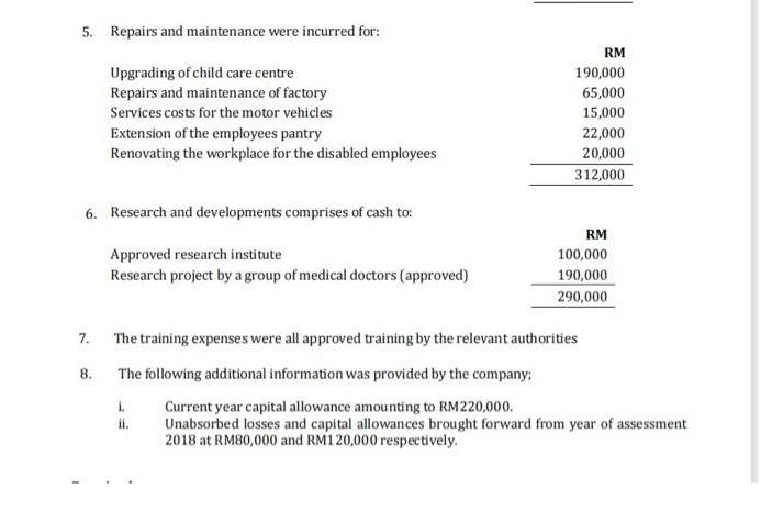 5. Repairs and maintenance were incurred for: 6. Research and developments comprises of cash to: 7. Upgrading