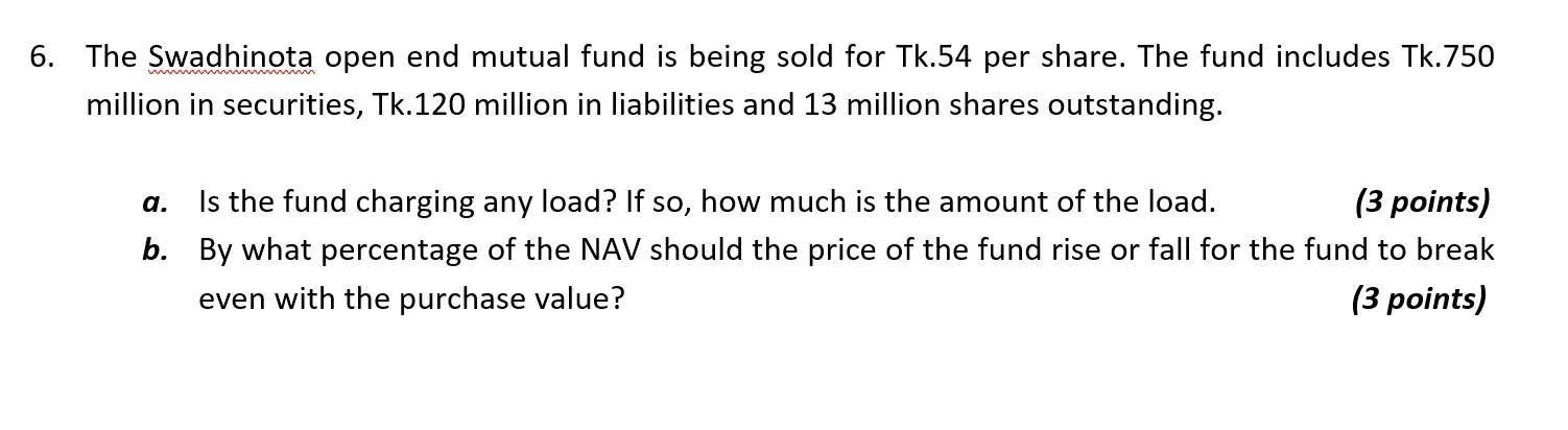 6. The Swadhinota open end mutual fund is being sold for Tk.54 per share. The fund includes Tk.750 million in securities, Tk.