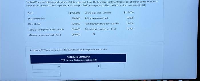 Sunland Company bottles and distributes B-Lite, a diet soft drink. The beverage is sold for 60 cents per 16-ounce bottle to r