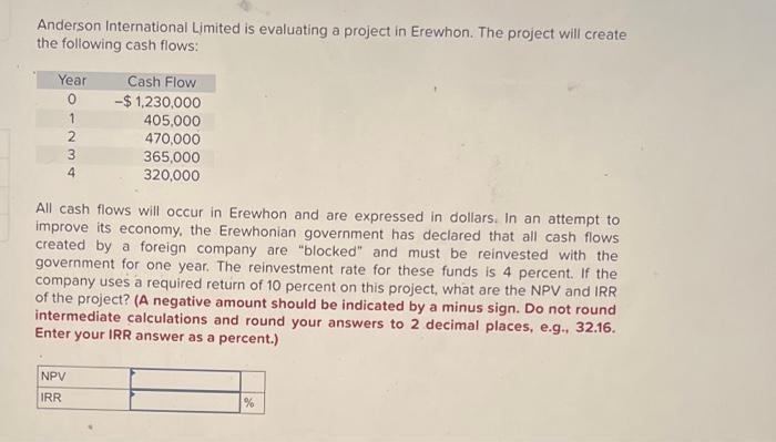 Anderson International Limited is evaluating a project in Erewhon. The project will create the following cash flows: All cas