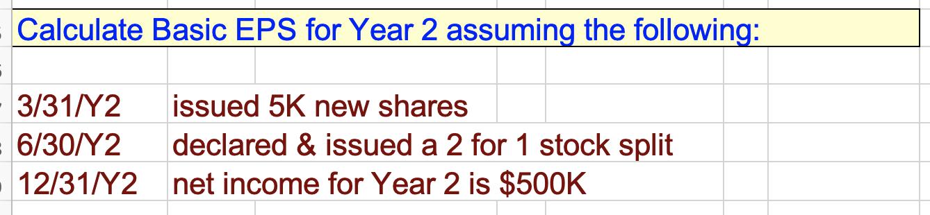 Calculate Basic EPS for Year 2 assuming the following: 3/31/42 6/30/42 12/31/42 issued 5K new shares declared & issued a 2 fo