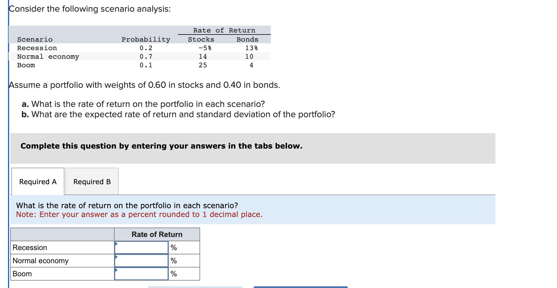 Consider the following scenario analysis: Assume a portfolio with weights of \( 0.60 \) in stocks and \( 0.40 \) in bonds. a.