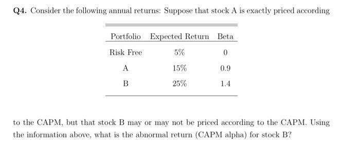 Q4. Consider the following annual returns: Suppose that stock A is exactly priced according to the CAPM, but that stock B may
