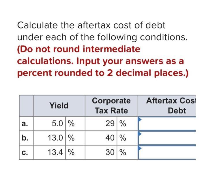 Calculate the aftertax cost of debt under each of the following conditions. (Do not round intermediate calculations. Input yo