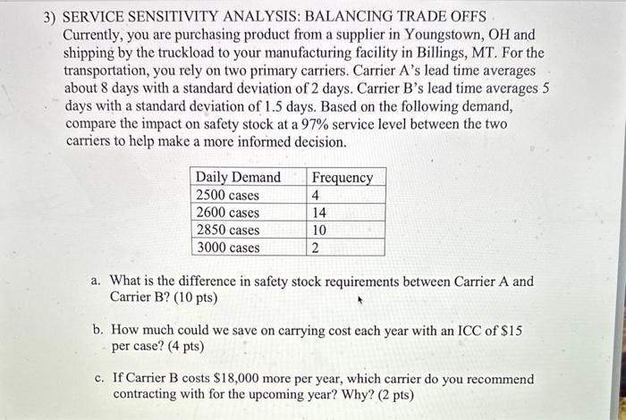 3) SERVICE SENSITIVITY ANALYSIS: BALANCING TRADE OFFS Currently, you are purchasing product from a supplier in Youngstown, \(