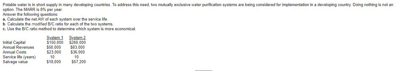 Potable water is in short supply in many developing countries. To address this need, two mutually exclusive water purificatio