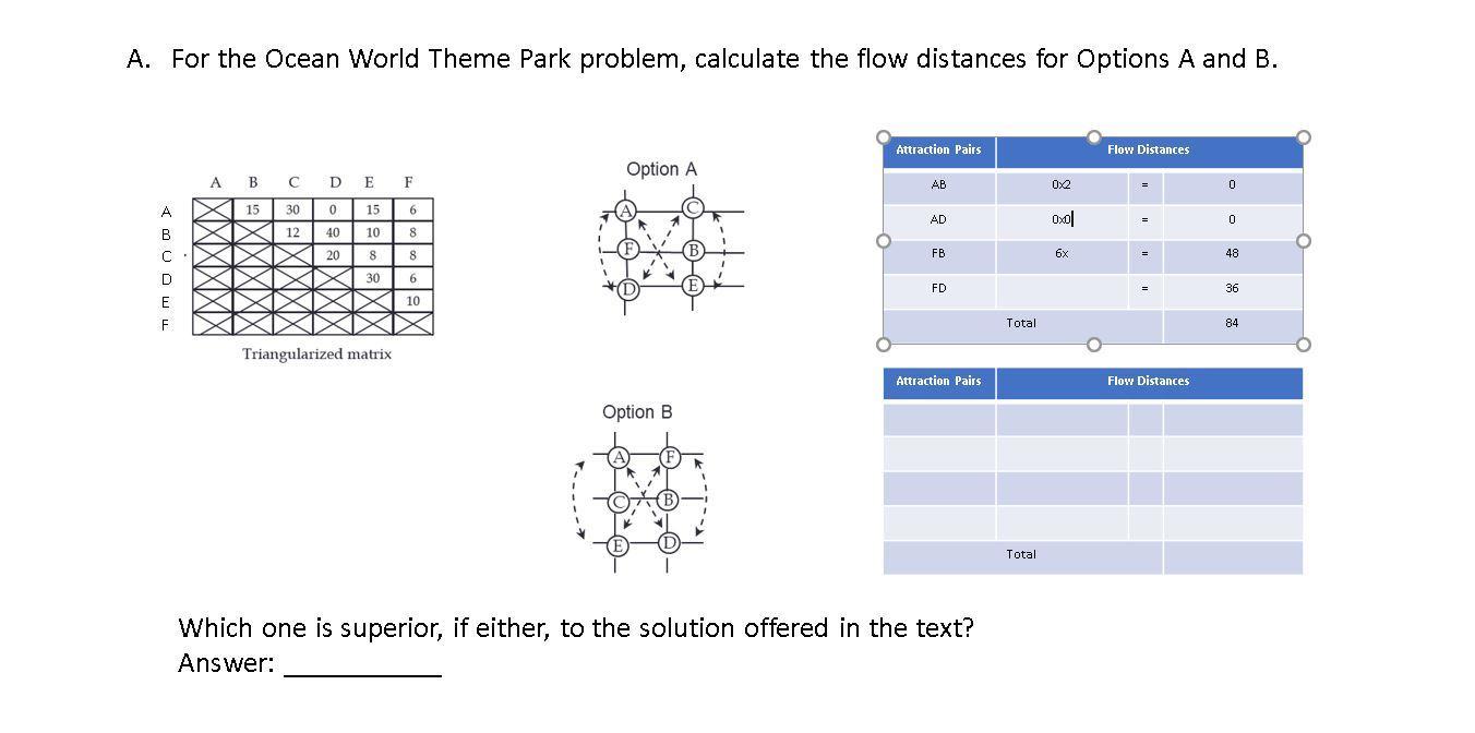A. For the Ocean World Theme Park problem, calculate the flow distances for Options A and B. Attraction Pairs Flow Distances