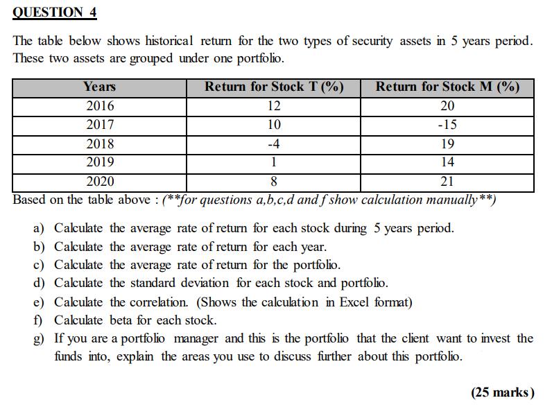 QUESTION 4 -15 The table below shows historical return for the two types of security assets in 5 years period. These two asse