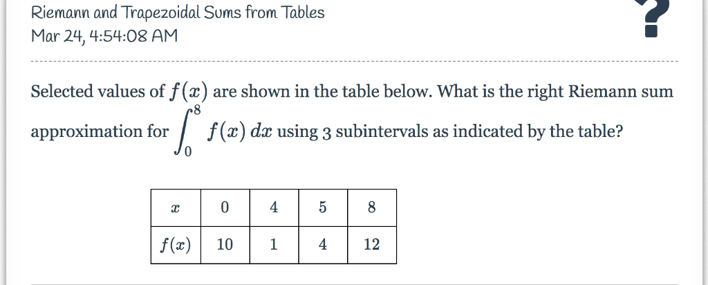 Riemann and Trapezoidal Sums from Tables Mar 24, 4:54:08 AM Selected values