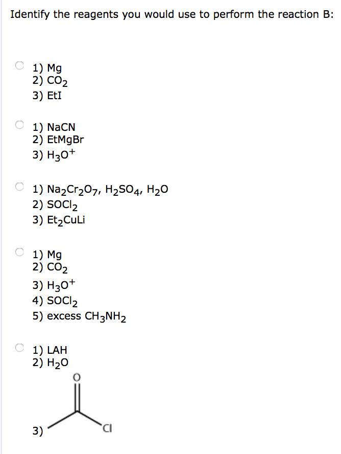 1) NaCN 2) EtMgBr 3) H3O+ CI 1) NaCrO7, HSO4, HO 2)