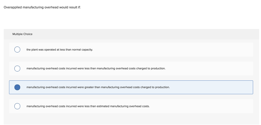 Overapplied manufacturing overhead would result if: Multiple Choice the plant was operated