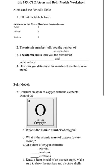 Bio 105: Ch 2 Atoms and Bohr Models Worksheet Atoms and the