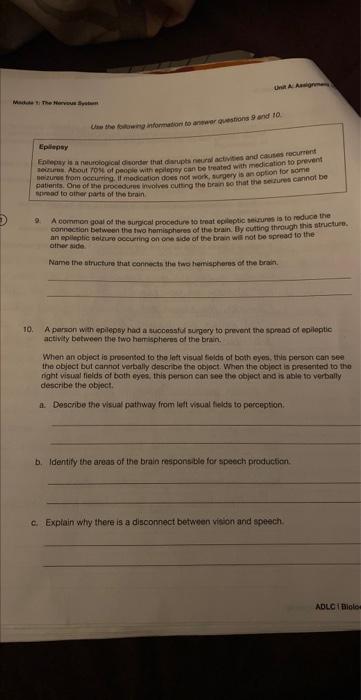 Madde 1: The Nervous Sys Unit A Assignme 9 Use the following