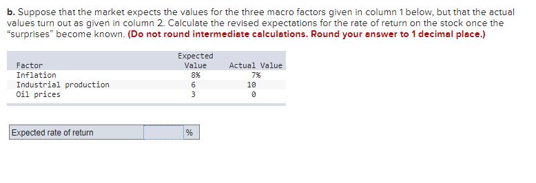 b. Suppose that the market expects the values for the three macro factors given in column 1 below, but that the actual values