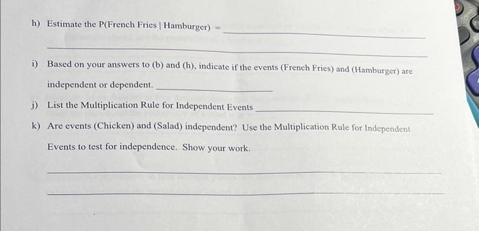 i) Based on your answers to (b) and (h), indicate if the events (French Fries) and (Hamburger) are independent or dependent.