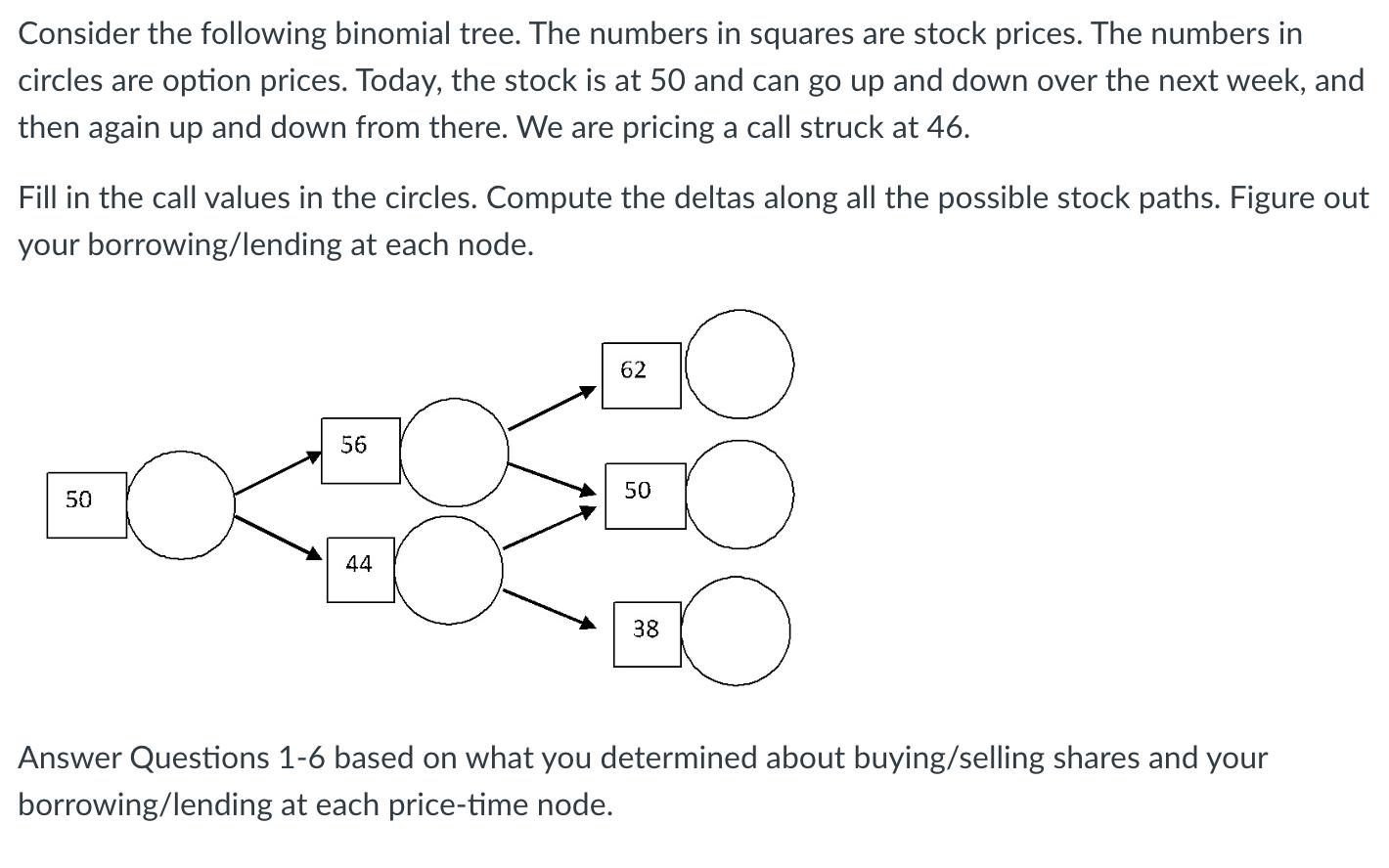 Consider the following binomial tree. The numbers in squares are stock prices. The numbers in circles are option prices. Toda