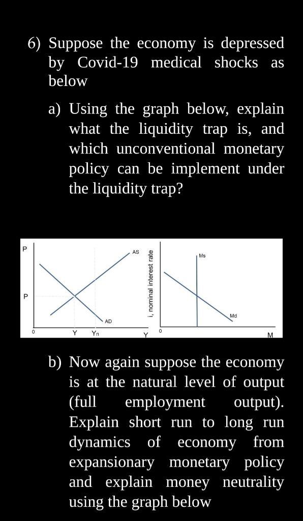 6) Suppose the economy is depressed by Covid-19 medical shocks as below a) Using the graph below, explain what the liquidity