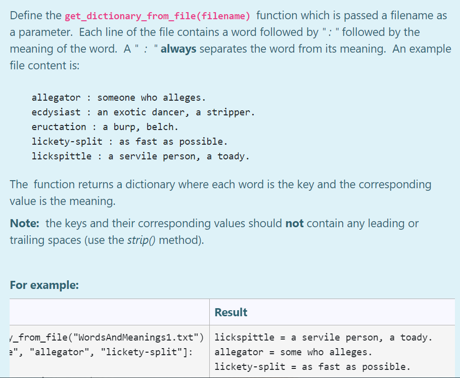 Define the get_dictionary_from_file(filename) function which is passed a filename as a parameter.