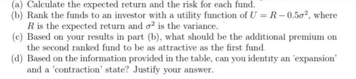 (a) Calculate the expected return and the risk for each fund. (b) Rank the funds to an investor with a utility function of (