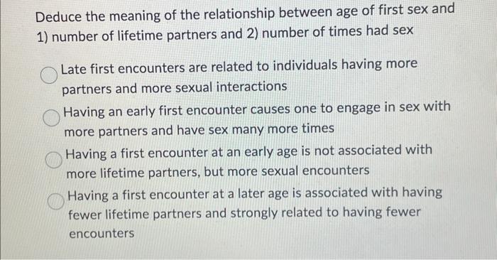 Deduce the meaning of the relationship between age of first sex and 1) number of lifetime partners and 2) number of times had