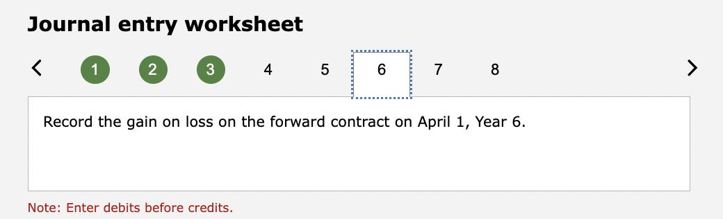Journal entry worksheet 2Record the gain on loss on the forward contract on April 1 , Year 6. Note: Enter debits before cred