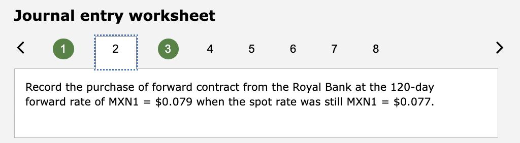 Journal entry worksheet 8Record the purchase of forward contract from the Royal Bank at the 120-day forward rate of MXN1 \(