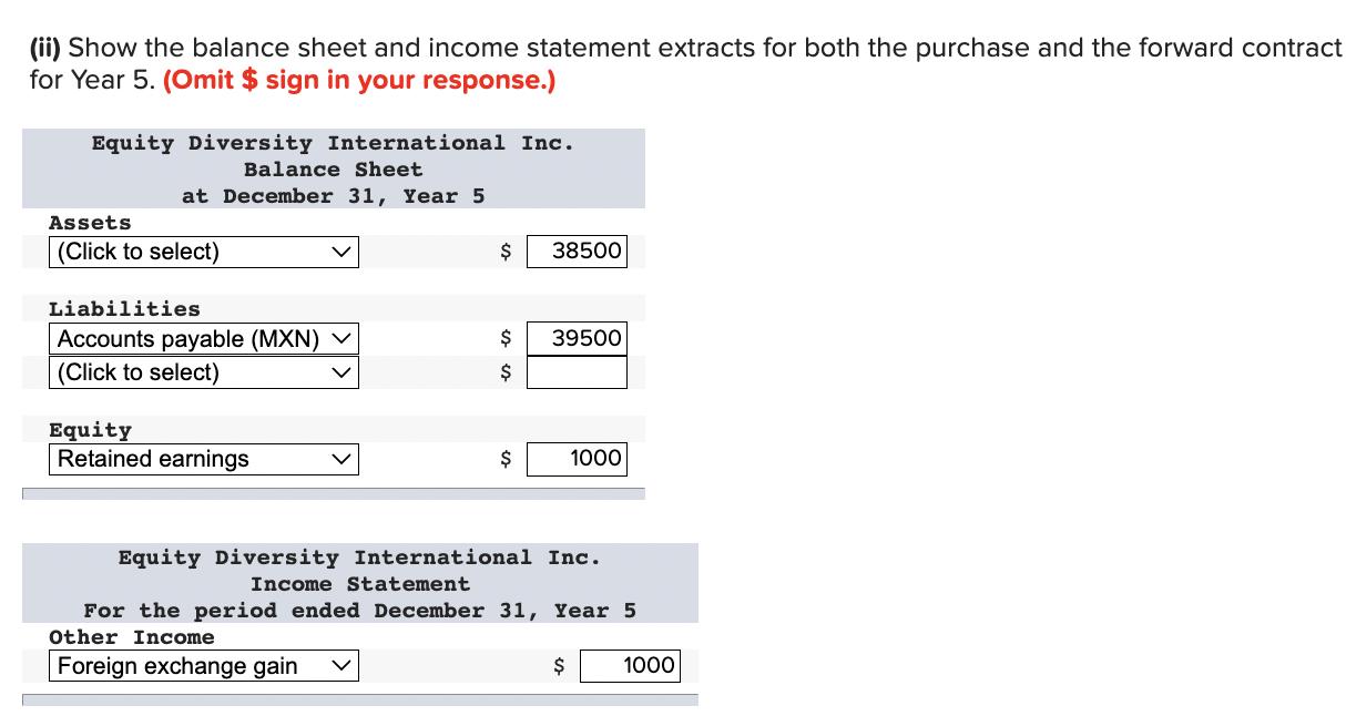 (ii) Show the balance sheet and income statement extracts for both the purchase and the forward contract for Year 5. (Omit \(
