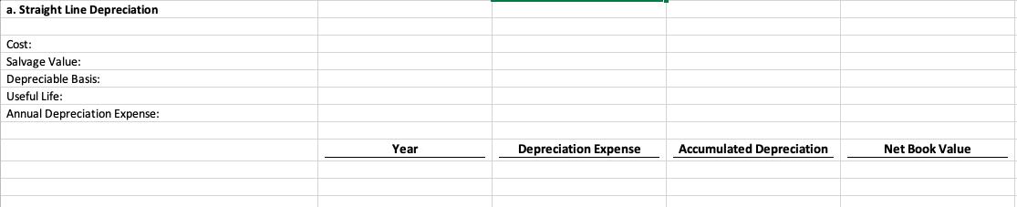 a. Straight Line Depreciation Cost: Salvage Value: Depreciable Basis: Useful Life: Annual Depreciation Expense: Year Deprecia