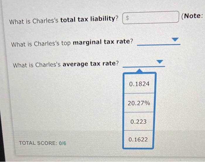 What is Charless total tax liability? (Note: What is Charless top marginal tax rate? What is Charless average tax rate?
