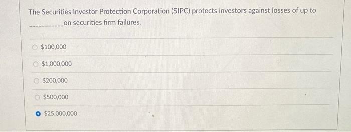 The Securities Investor Protection Corporation (SIPC) protects investors against losses of up to on securities firm failures.