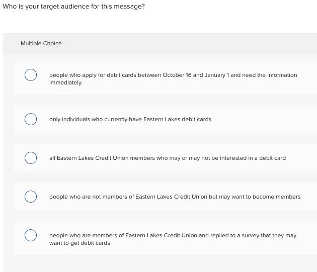 Who is your target audience for this message? Multiple Choice Opeople who apply for debit cards between October 16 and Janua