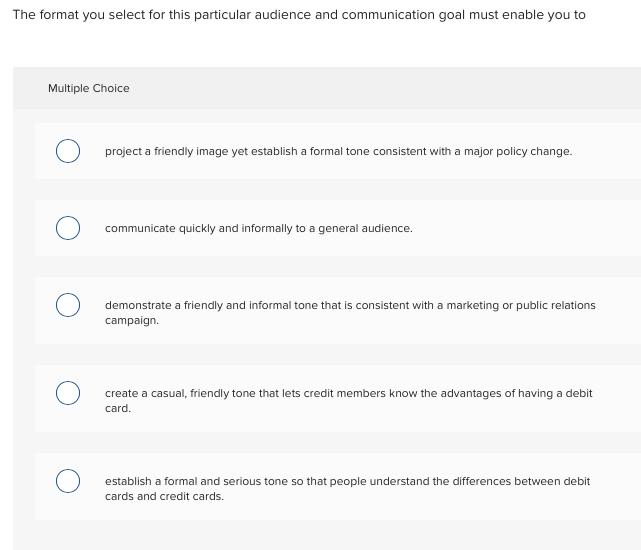 The format you select for this particular audience and communication goal must enable you to Multiple Choice Oproject a frie